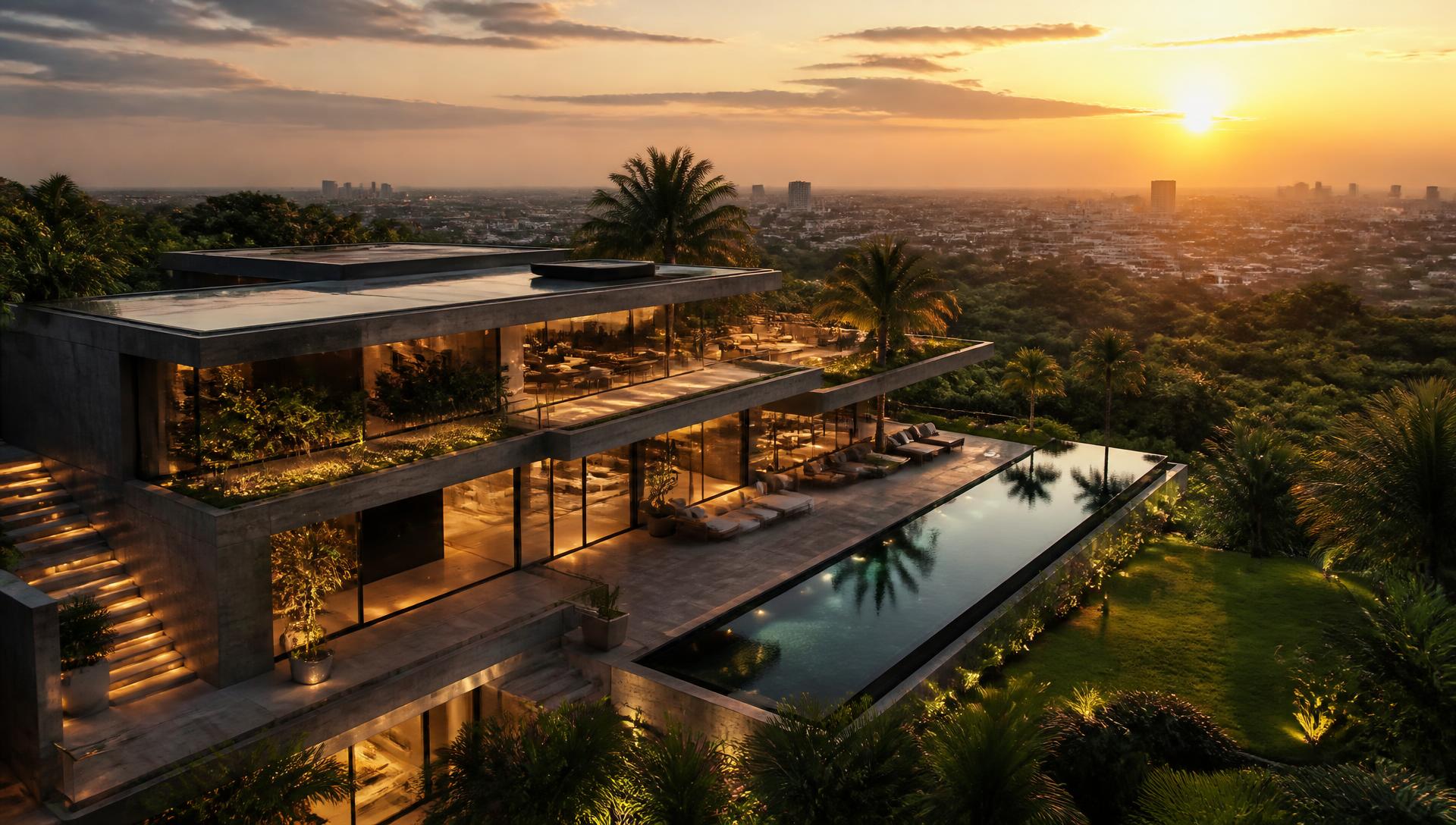 Contemporary luxury residence with infinity pool overlooking Accra at golden hour